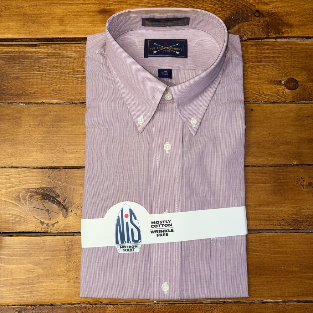 Vintage The Arrow Company Dress Shirt Mens 16 Burgundy Striped SS USA Made NOS